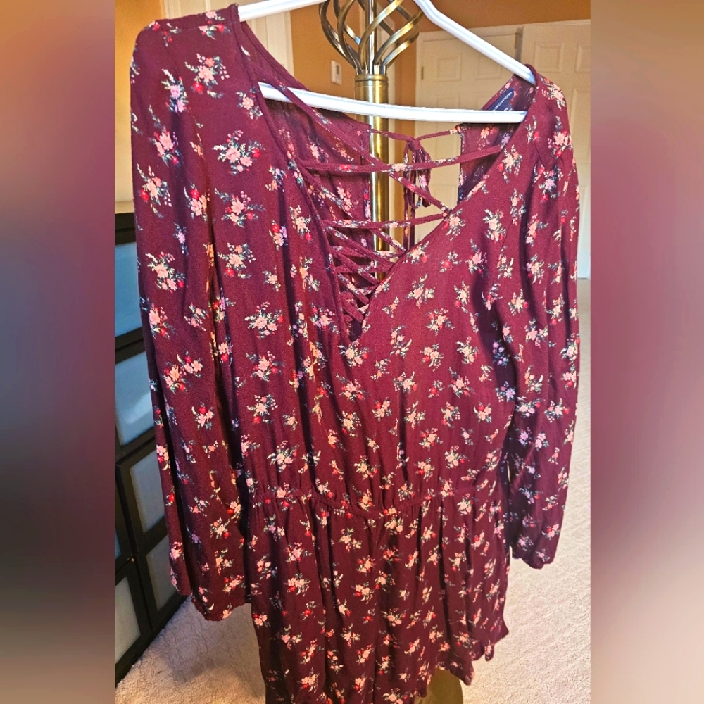 A&E Long Sleeve Floral Romper with V-neck straps